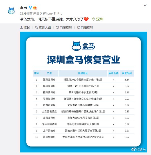 盒马深圳10家门店8月27日起恢复线上线下服务