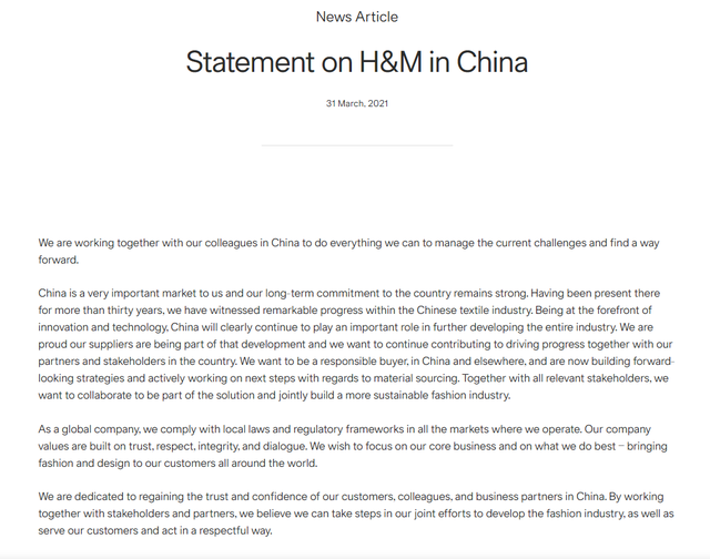 H&M再发声明，称致力于重获中国消费者信任